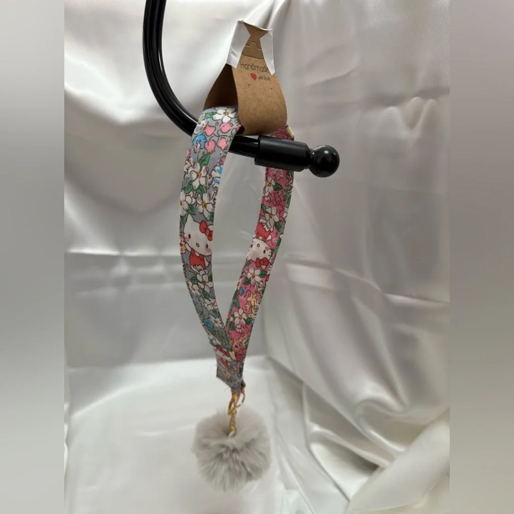 Handmade Kitty and Floral Wristlet Keychain with Gray Pompom